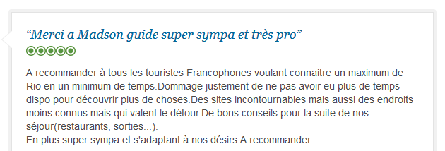 avis client francophone sur visite efficace et conviviale de Rio de Janeiro
