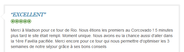 avis client francophone sur visite optimisée de Rio de Janeiro avec guide privé