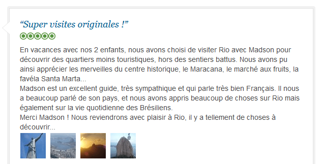 avis client francophone sur visite originale et authentique de Rio de Janeiro en famille