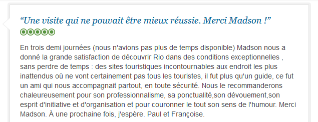 avis client francophone sur trois demi-journées de visite guidée à Rio de Janeiro
