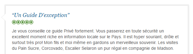avis client francophone sur visite sécurisée et inoubliable de Rio avec guide privé